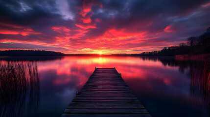 Fototapeta premium Wooden Dock Leading Into a Calm Lake at Sunset