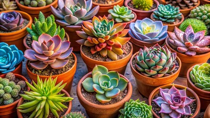 Vibrant succulent collection in terracotta pots, showcasing variety of shapes, textures and colors