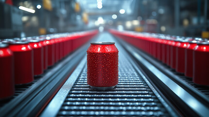 Red canned drinks factory with soda cans on the belt conveyor during production and distribution