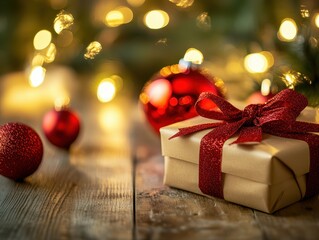 Festive gift box with red ribbon, surrounded by holiday decorations and twinkling lights, creating a joyful Christmas atmosphere.