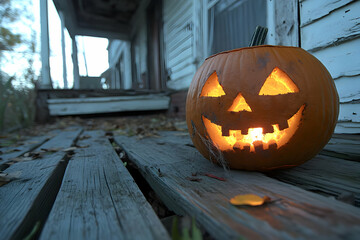 Obraz premium Jack o lantern on Porch with Fall Leaves
