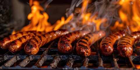 Merguez Sausages Grilling on Barbecue Grill with Flames Ignited by the Fat