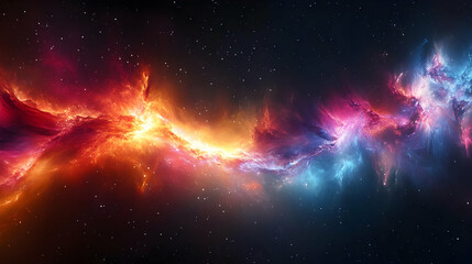 Fototapeta premium Vibrant nebula with red, orange, blue and pink swirling gas clouds in a dark starry sky.