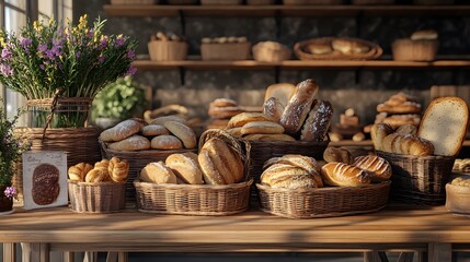 A vintage bakery display with 3D-rendered organic pastries and bread arranged in baskets