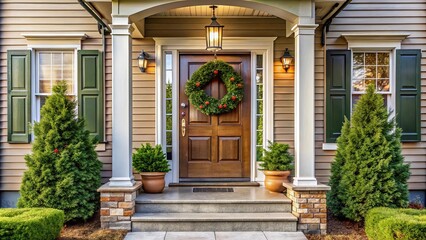 Warm and inviting suburban home exterior with elegant front door, wreath, and greenery surroundings