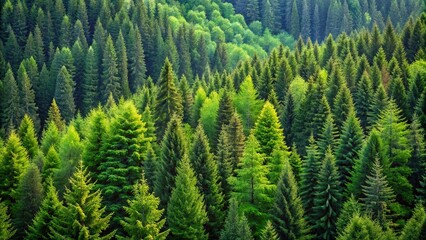 Healthy green trees standing tall in a dense forest of old spruce fir and pine