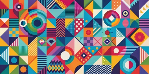 Naklejka premium Vibrant, abstract composition featuring interconnected geometric shapes in various sizes and colors, arranged in a