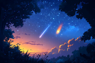 Fototapeta premium Night Sky with Two Shooting Stars and Silhouetted Trees