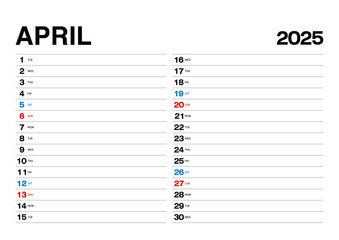 スケジュールが書き込める2025年4月のカレンダー