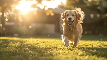 Golden Retriever Running Towards the Sunset