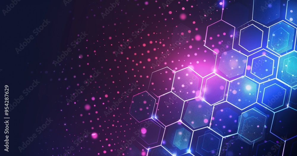 Poster abstract digital background with hexagonal patterns and glowing particles.