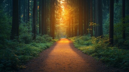 Fototapeta premium Forest Path with Golden Sunlight