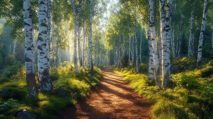 Sunlit Path Through Birch Forest