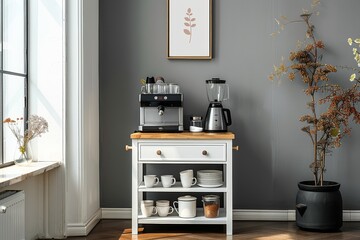 White kitchen trolley with wood countertop used as a coffee station, featuring drawers, mugs, and minimalist wall art in a naturally lit room.