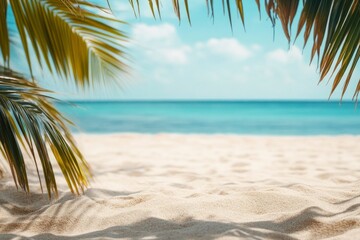 beach sand with palm branches on the background of the sea , ai