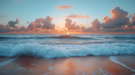 Naklejka premium Dramatic Ocean Sunset with Foamy Waves on Sandy Beach