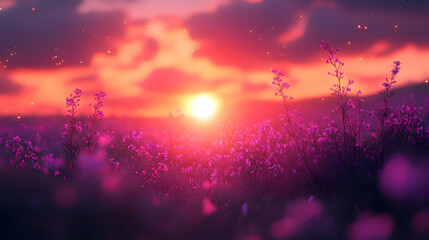 Fototapeta premium Sunset over Purple Wildflowers Field