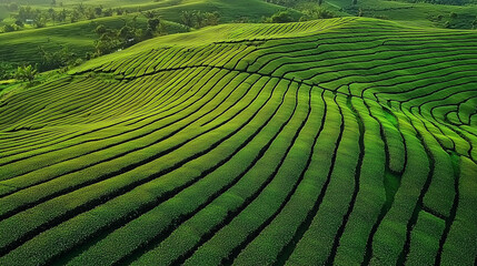 Drone view of tea fields, complete landscape view