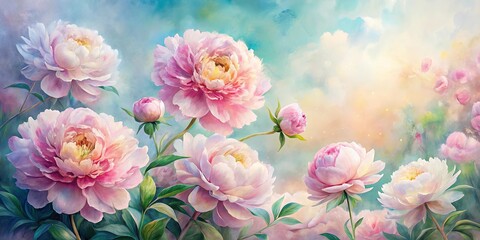 Vibrant watercolor peonies blooming in soft delicate hues with gentle brushstrokes and subtle texture, evoking a sense of whimsy and romance in a dreamy ethereal atmosphere