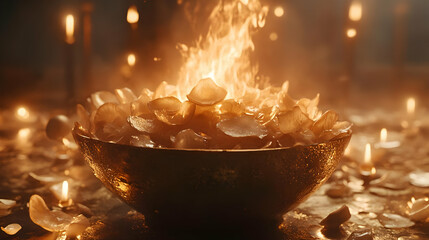 Obraz premium Burning Rose Petals in a Golden Bowl with Candles