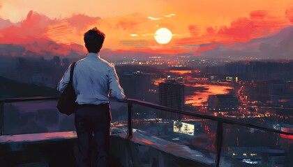 Man in White Shirt Gazing at a City Sunset