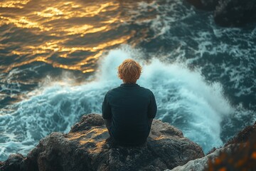 Obraz premium Man Sitting on Cliff Overlooking Ocean Waves at Sunset