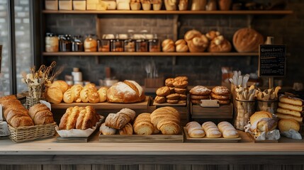A vintage-style bakery counter with 3D-rendered organic bread and pastries on display