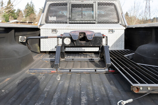 Portland, OR, USA - Jan 16, 2021 - 1997 White Ford F-250 XLT Heavy Duty Power Stroke Diesel pickup truck American 4X4 SUV off-road vehicle  5th wheel hitch