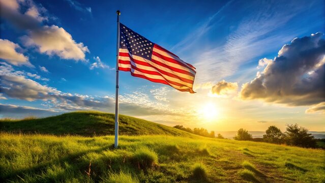 A solitary flag with a sturdy metal pole stands proudly upright on a sun-kissed grassy hill, its vibrant fabric rippling gently in the breeze.