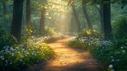 Fototapeta premium Sunlit Forest Path with White Flowers and Green Foliage