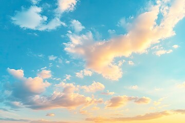 Obraz premium Beautiful view of blue sky with clouds at sunrise. Partly cloudy.Background cloud summer. Cloud summer. Sky cloud clear with sunset. Natural sky cinematic beautiful yellow and white texture , ai