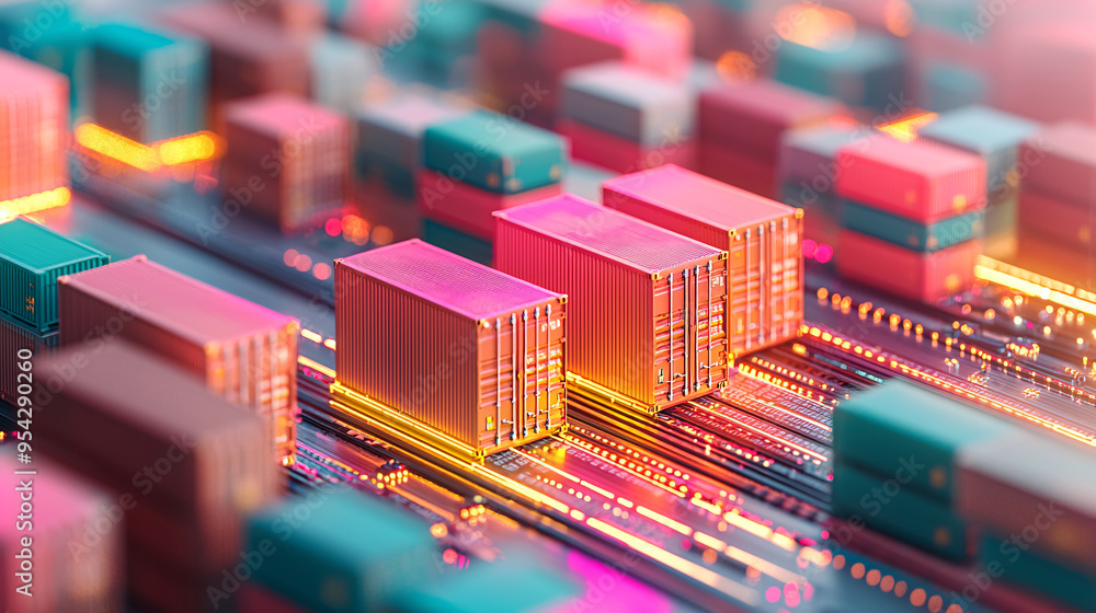 Aufkleber abstract view of colorful microchips on a circuit board with glowing lines, representing technology 
