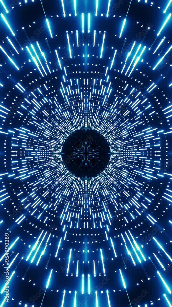 Poster flashing neon spaceship tunnel. design. bright flashing beams in moving cyber tunnel. luminous rays 