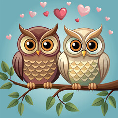a cute owl couple sitting on branch