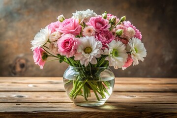 Vibrant and intimate still-life photograph of a serene bouquet of pink and white flowers arranged in a delicate,