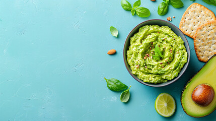 Obraz premium Delicious avocado dip served with fresh herbs, crackers, and lime on a vibrant blue background, perfect for healthy snacking.