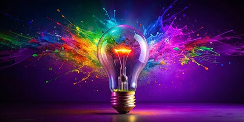 Colorful and artistic light bulb surrounded by paint splatters on a purple background with pink and red splashes