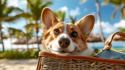 Close-Up of Corgi Face Peeking Out of a Beach Basket