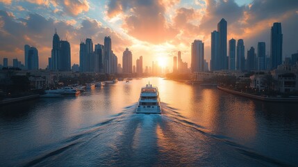 Obraz premium Luxury Yacht Sailing Through Dubai Marina at Sunset