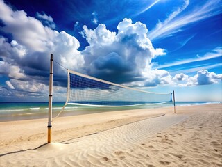 A sturdy, sandy-beach-anchored volleyball net stands tall, its white and blue stripes vibrant against a clear blue sky with a few puffy white clouds.