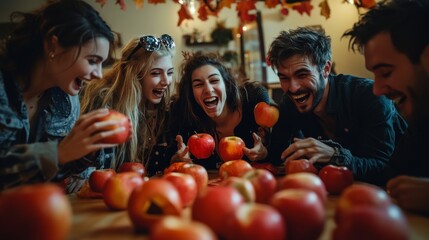 Fototapeta premium Group of friends at a Halloween party, playing a game of bobbing for apples, with laughter and fun.