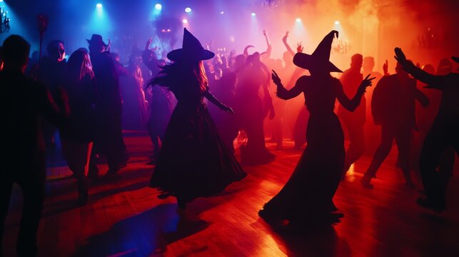 Halloween party dance floor, with guests dressed as witches, vampires, and other spooky characters, dancing under strobe lights.