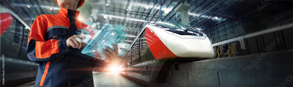 Aufkleber Transport technology, Engineer technician use virtual interface control panel and AI software Inspect and control the operation of electric monorail railway system in central of junction network.