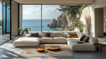 A modern sectional sofa with a large rug and two coffee tables in a living room with floor-to-ceiling windows overlooking a stunning ocean view.