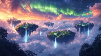 Floating Islands in a Dreamy Sky with Aurora Borealis