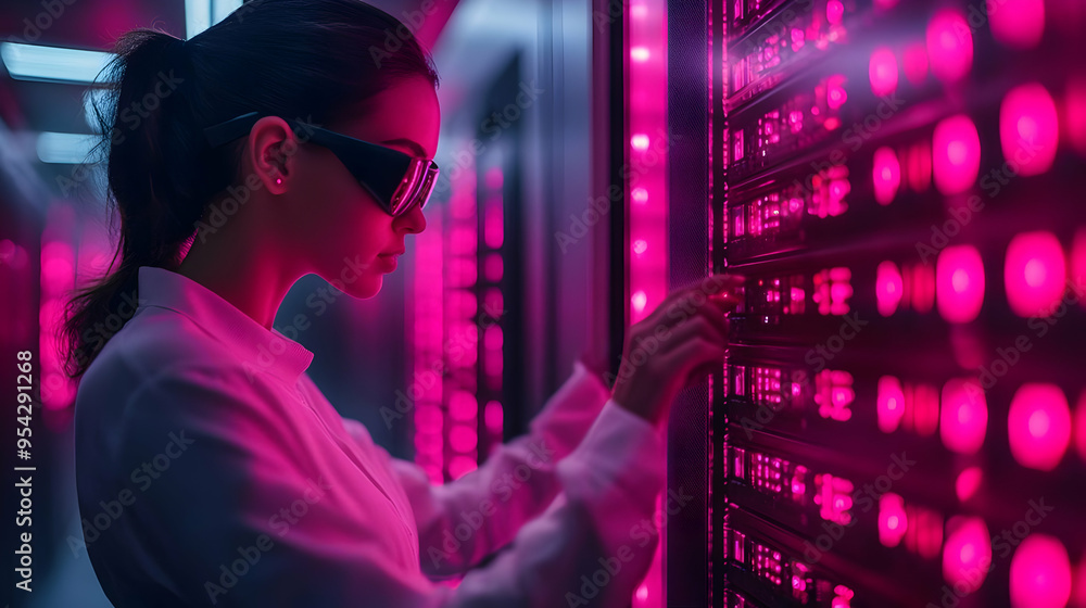 Poster woman in a server room working on a computer system.