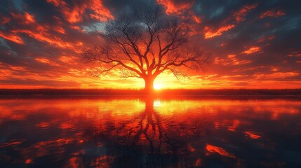 Silhouetted Tree Reflecting in Water at Sunset