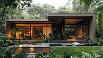 Modern home surrounded by lush greenery and tranquil water features.