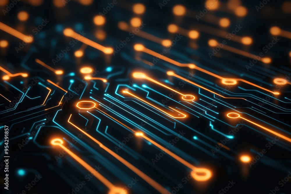 Poster a close-up view of a futuristic circuit board with illuminated lines and nodes in vibrant blue and o