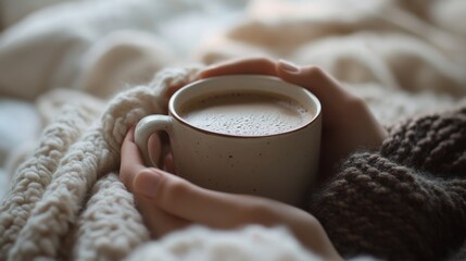 Close-up of woman enjoying a hot cup of coffee in bed, with soft lighting and warm blankets, lazy morning concept.